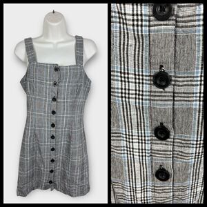 Forever 21 plaid preppy XXS Black White Linen Blend Jumper Dress Clueless Y2K